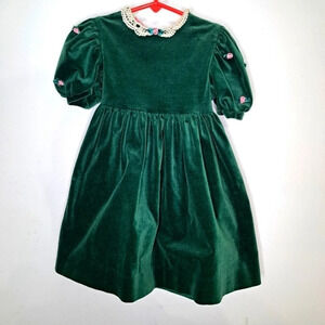 Green Velvet Polly Flinders Vtg Dress T4 with lace and flowers